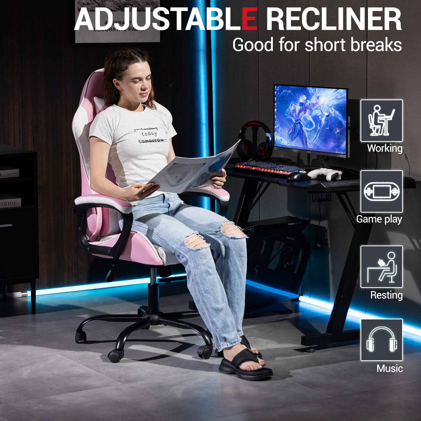 DELMANGO Ergonomic Gaming Chair, Racing Style Office Computer Desk Chair, Swivel PU Leather PC Gamer Chair, Pink