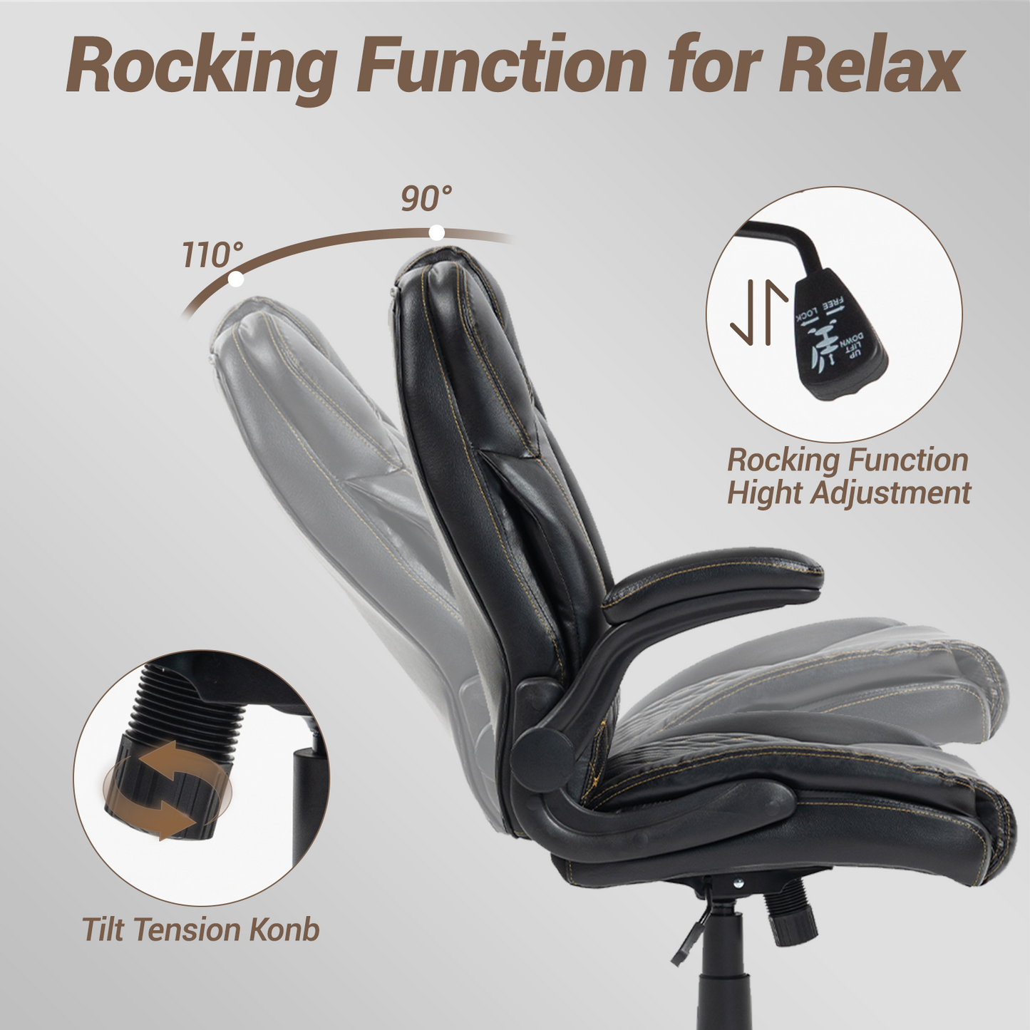 DELMANGO High-Back Executive Office Chair, Ergonomic Computer Desk Chair with Rocking Feature, PU Leather, Flip-Up Armrests and Lumbar Support, Black