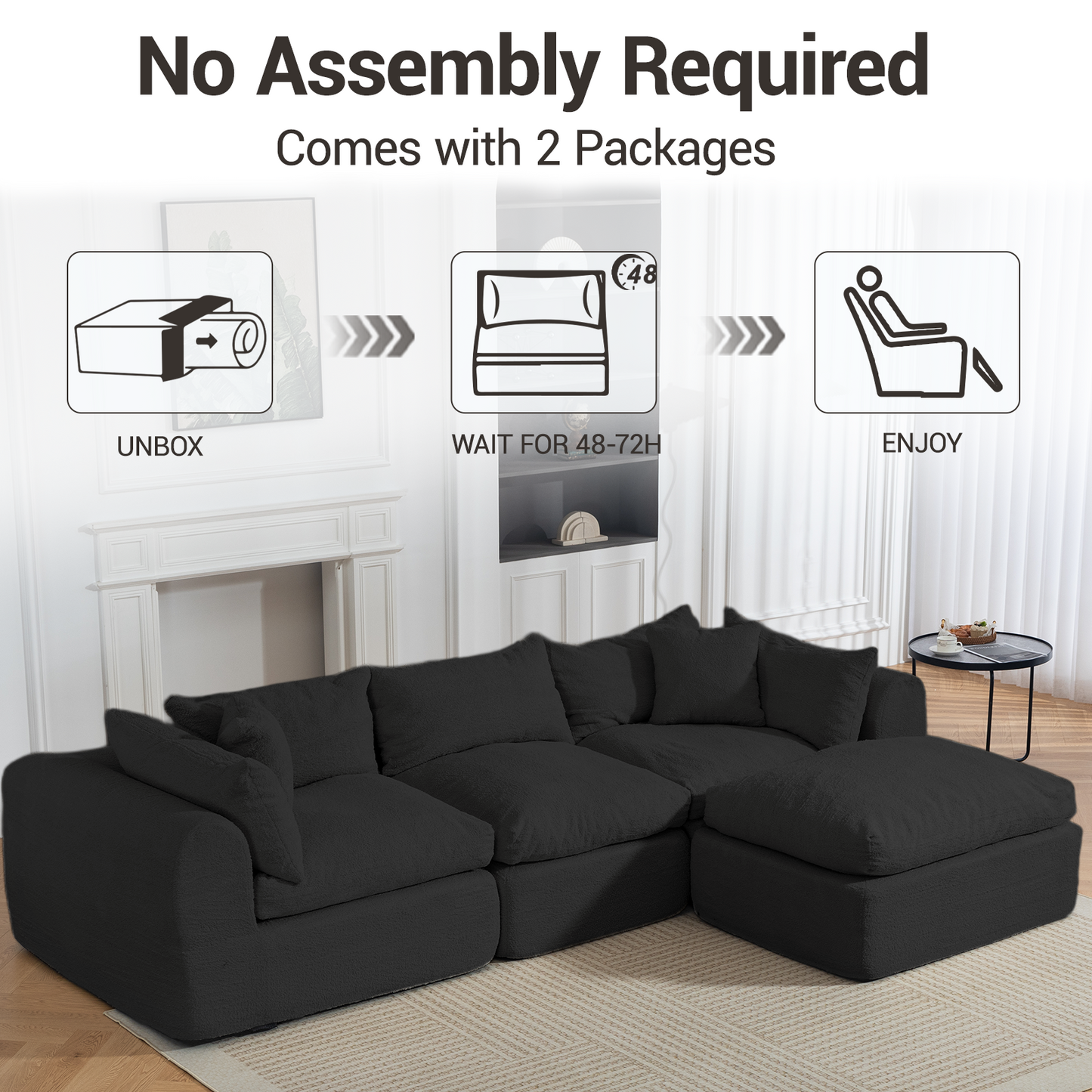 DELMANGO 113 Inch Modular L-Shape Cloud Velvet Sectional Couch, Boneless Convertible Sofa Set with Ottoman, No Assembly, Black