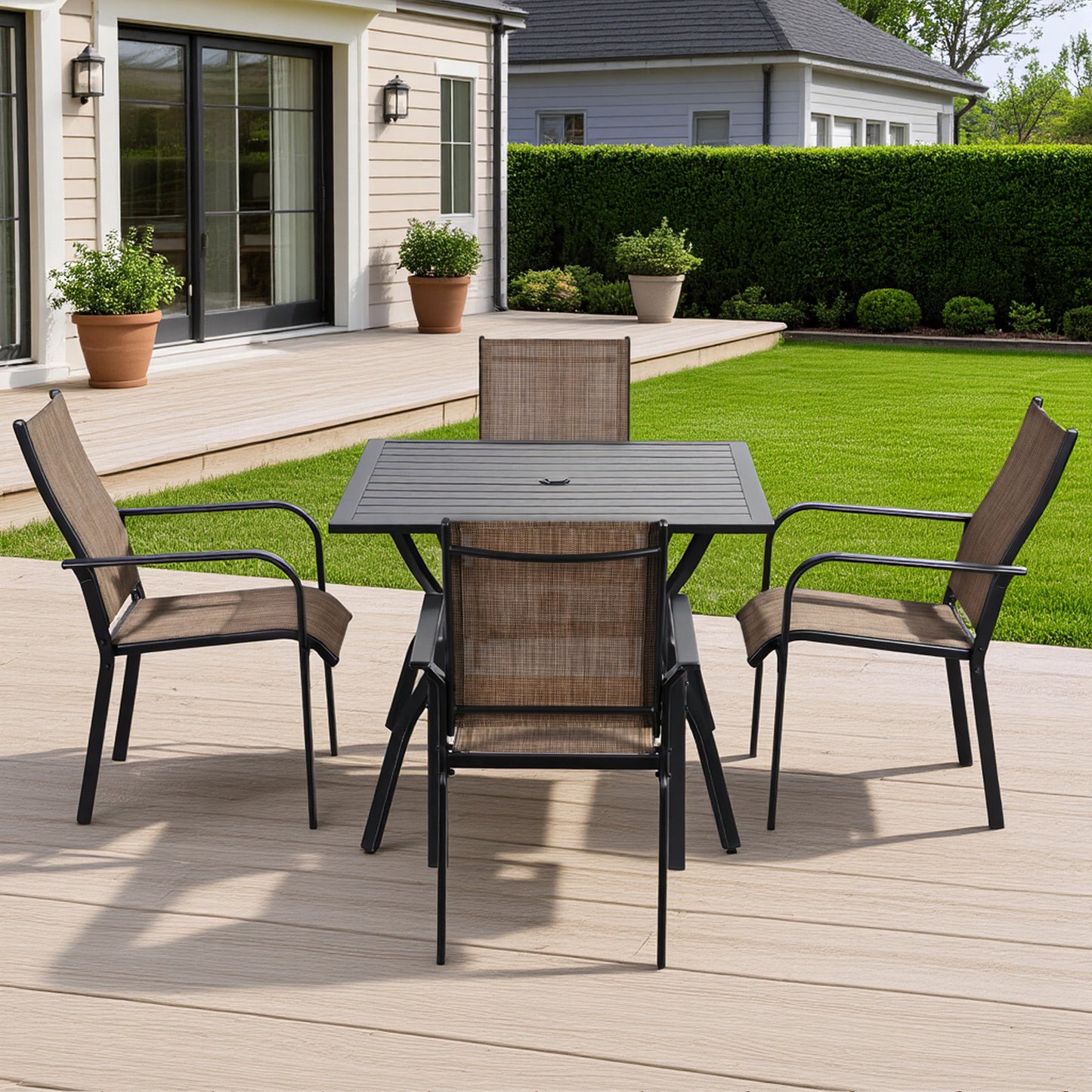 DELMANGO Patio Chairs Set of 4, Outdoor Dining Chairs High Back, All-Weather Padded Textilene Dining Chair for Lawn Porch Garden, Brown(Set of 4)