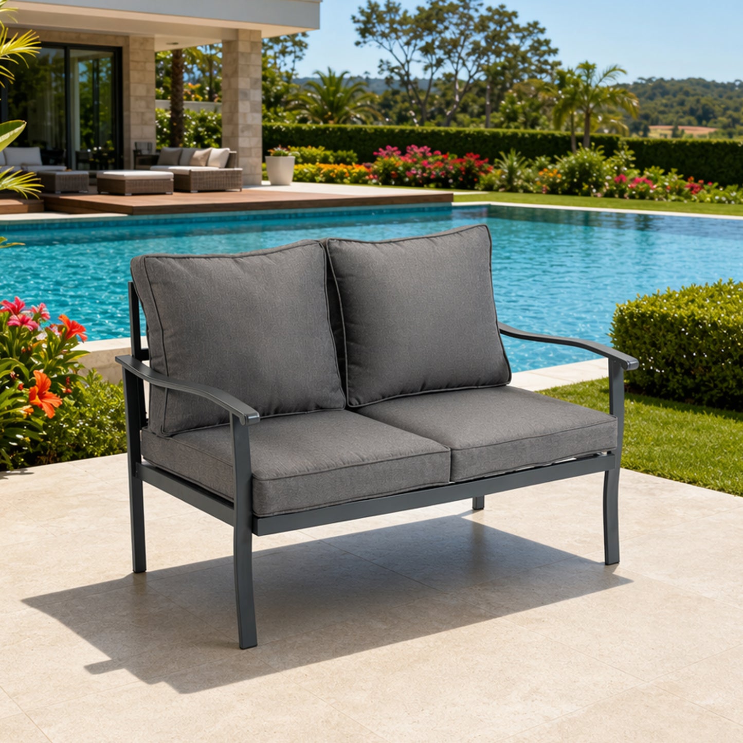 DELMANGO Outdoor Patio Furniture Set, 2 Seats, Oversized Outdoor Sectional with Washable Thick Cushions, Coffee Table and Waterproof Cover, Patio Conversation Sets for Porch, Balcony, Grey