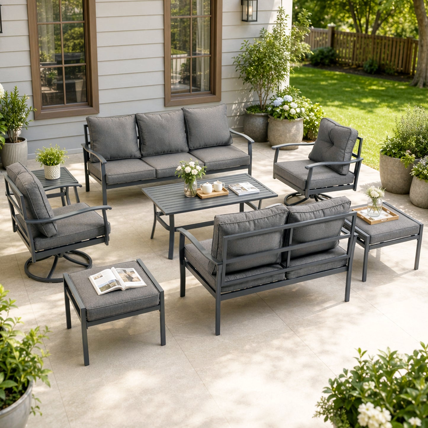 DELMANGO 8 Pieces Outdoor Patio Furniture Sets,Outdoor Metal Conversation Set Sofas with 1 three-seater sofa,1 loveseat Sofa,2 Swivel Chairs,2 footstools,1 Side Table,with Cushion