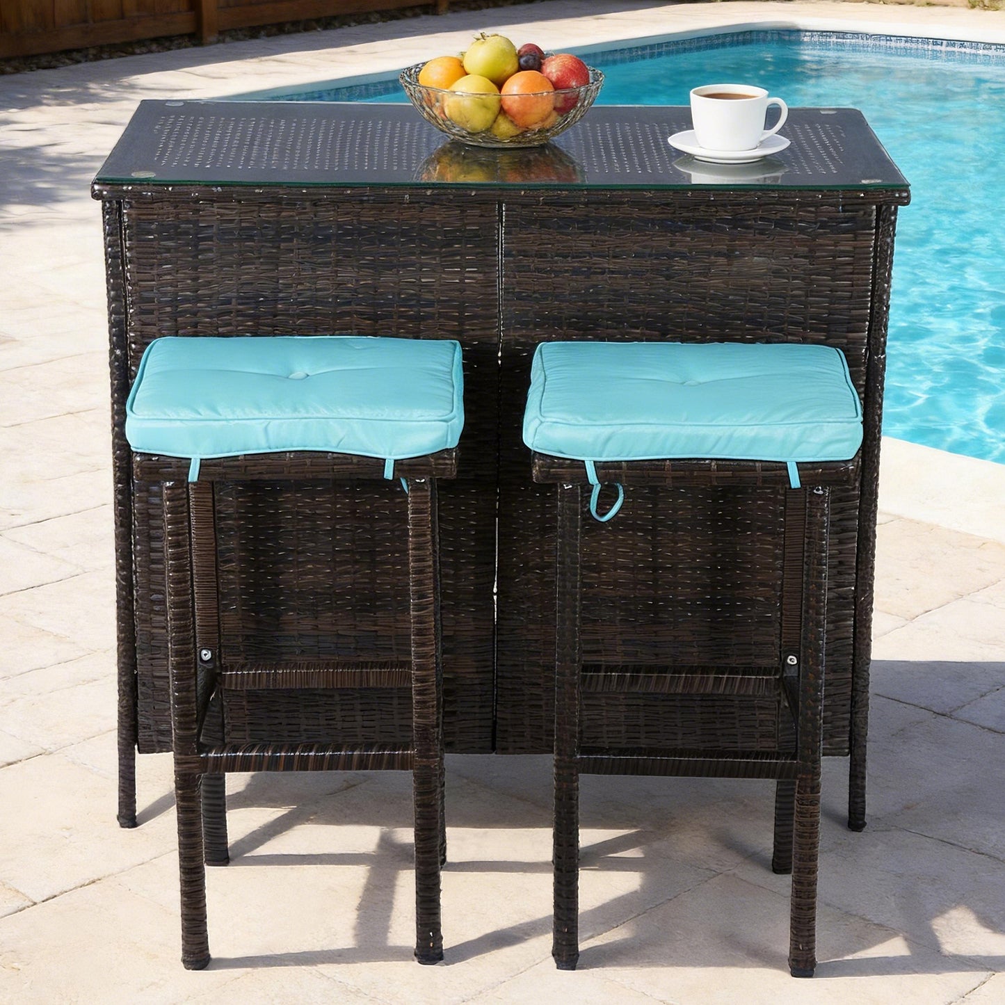 DELMANGO 3 Piece Patio Bar Set with 2 Storage Shelves, Glass Top Table, Two Cushioned Stools,Outside Bars for Patio Entertainment, Blue