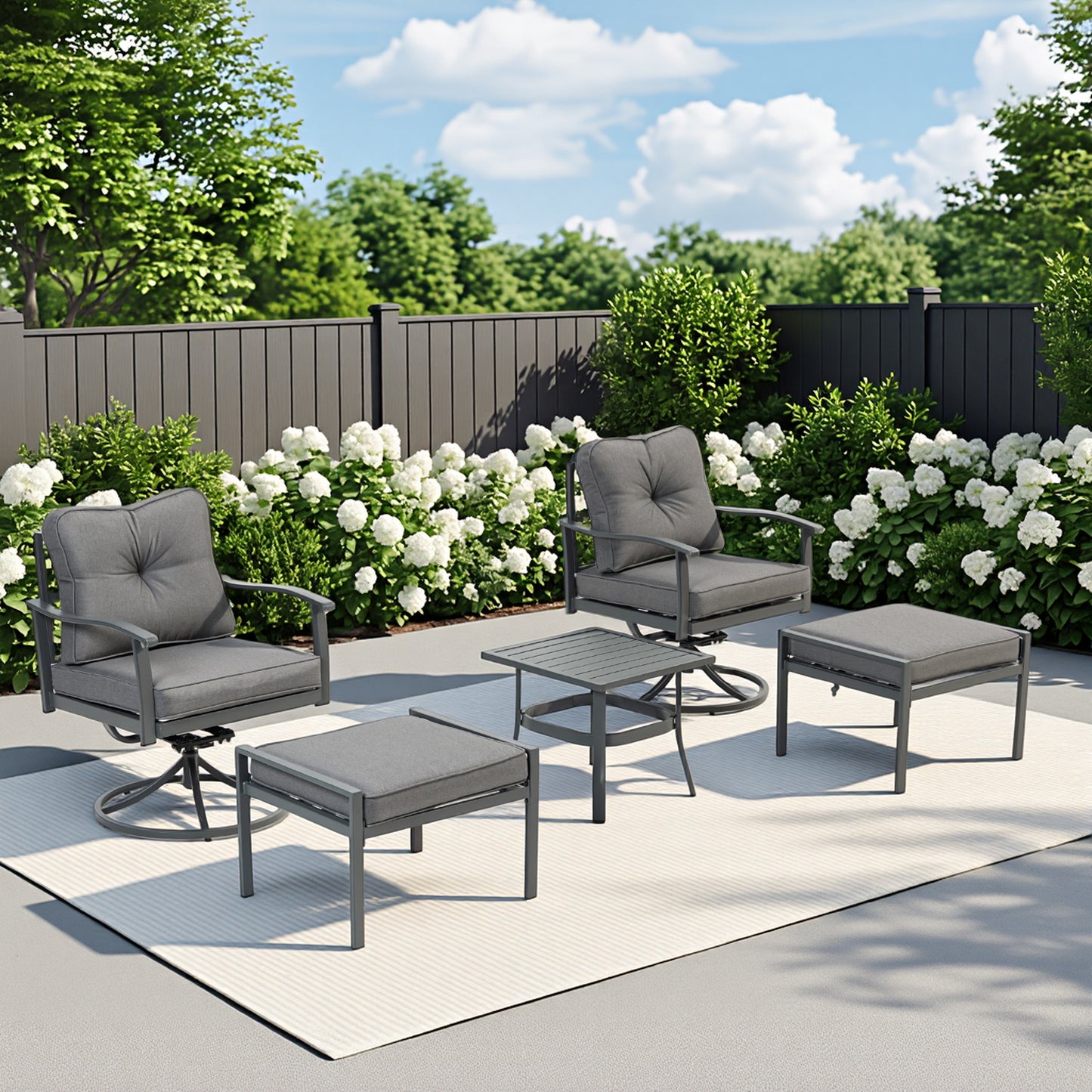 DELMANGO 5 Pieces Outdoor Patio Furniture Sets,Outdoor Metal Conversation Set Sofas with 2 Swivel Chairs,2 footstools,1 Side Table,Wrought Iron with Cushion