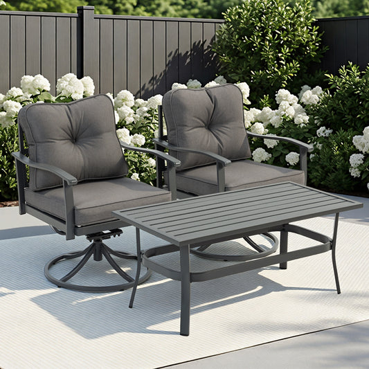 DELMANGO 2 Pcs Swivel Chairs and Coffee Table, All-Weather Metal Modern Outside Furniture with Washable Thick Cushion for Garden/Backyard/Porch, Grey