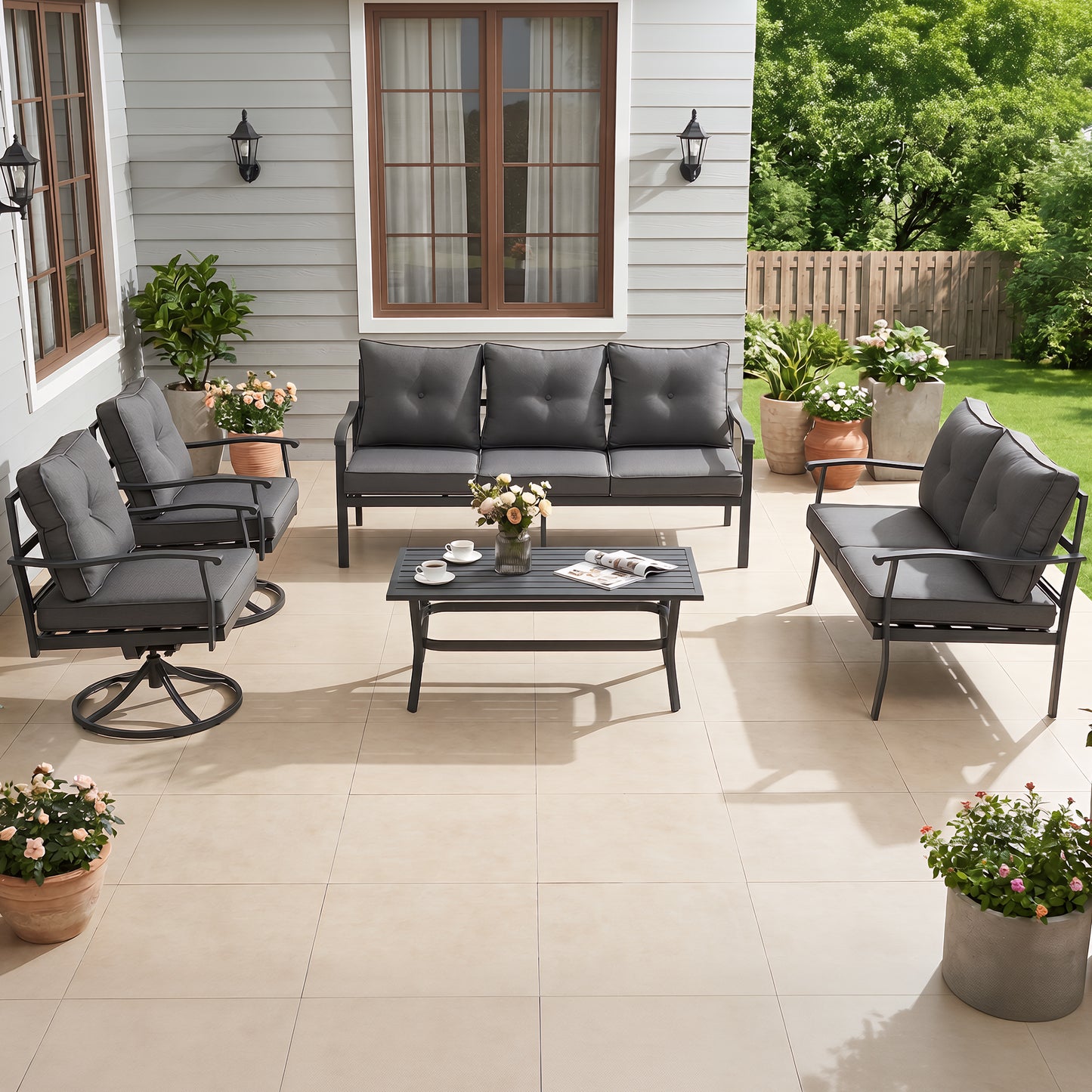 DELMANGO Outdoor Patio Furniture Set, 5 Pieces Metal Modern Outside Sectional Conversation Lawn Furniture with Coffee Table & Washable Thick Cushions,Seating Sofa for Garden,Backyard,Porch,Grey