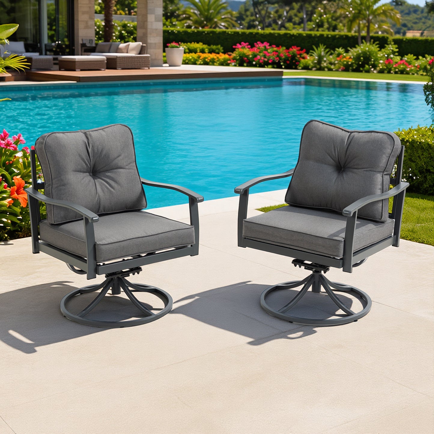 DELMANGO Patio Swivel Chair - 2 PCS Swivel Armchairs, Patio Seating with High Back Deep Seat for Porch Deck Balcony, Grey