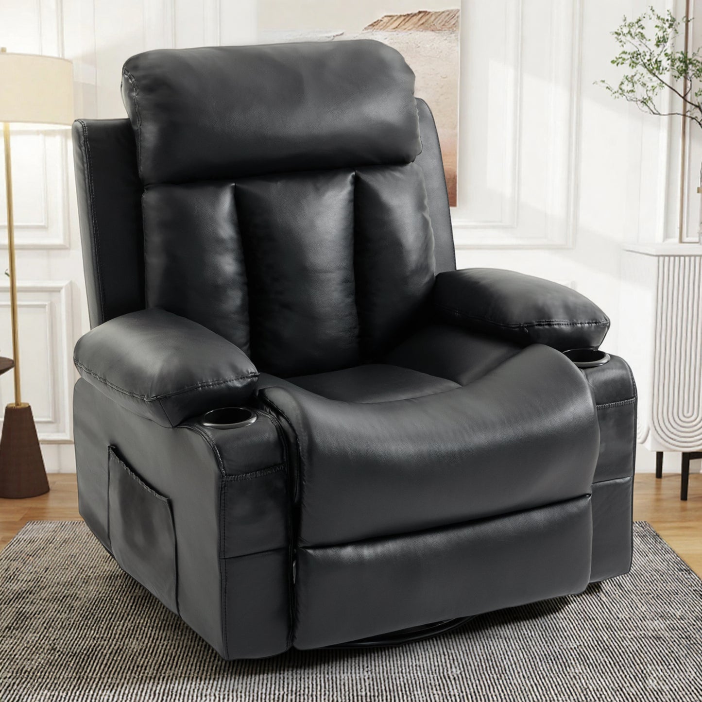 Delmango Power Recliner Chair for Living Room PU Leather Swivel Rocker Recliner Chair with Overstuffed Armrest and Backrest Black