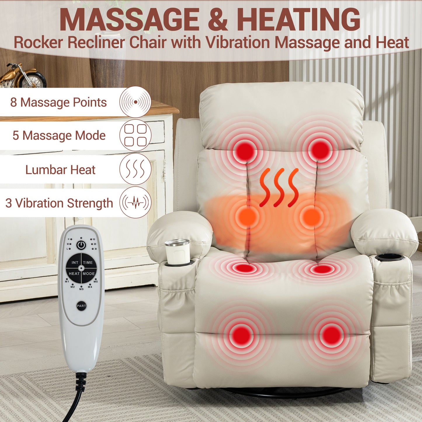 Delmango Power Recliner Chair for Audlts PU Leather Swivel Rocker Recliner Chair Massage Sofa Chair for Living Room Beige