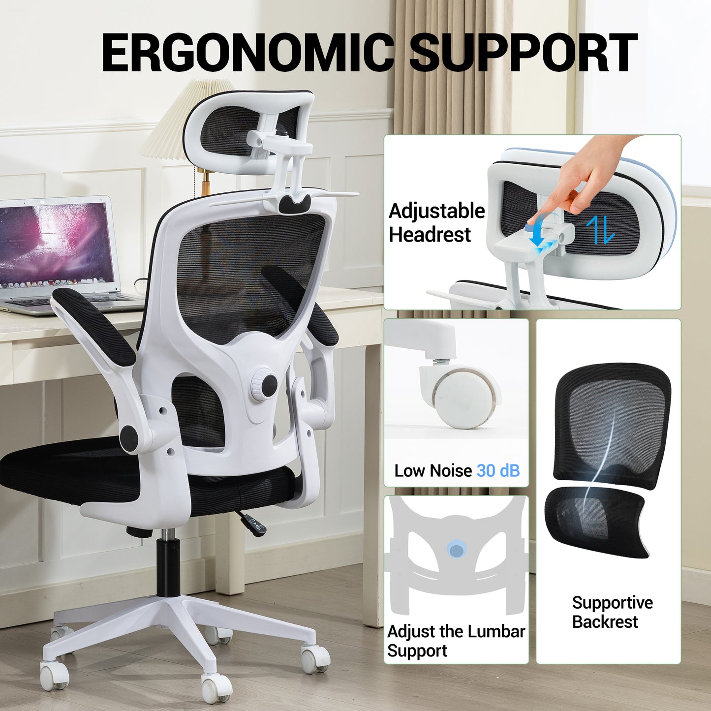 Delmango Office Chair, Ergonomic Desk Chair with Flip-up Arms, Coat Hook, Adjustable Headrest and Lumber Support, Mesh Computer Chair, 330 LBS, White