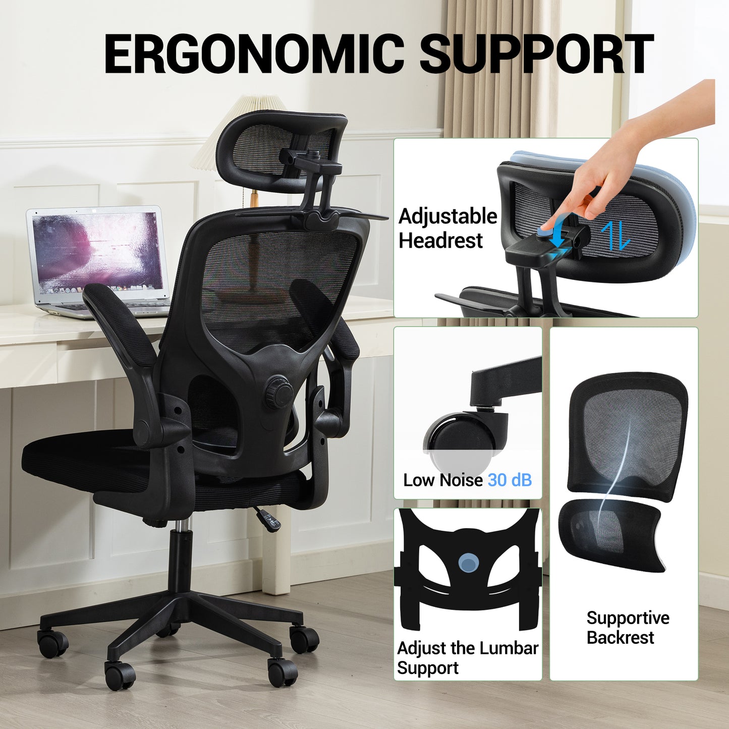 Delmango Office Chair, Ergonomic Desk Chair with Flip-up Arms, Coat Hook, Adjustable Headrest and Lumber Support, Mesh Computer Chair, 330 LBS, Black