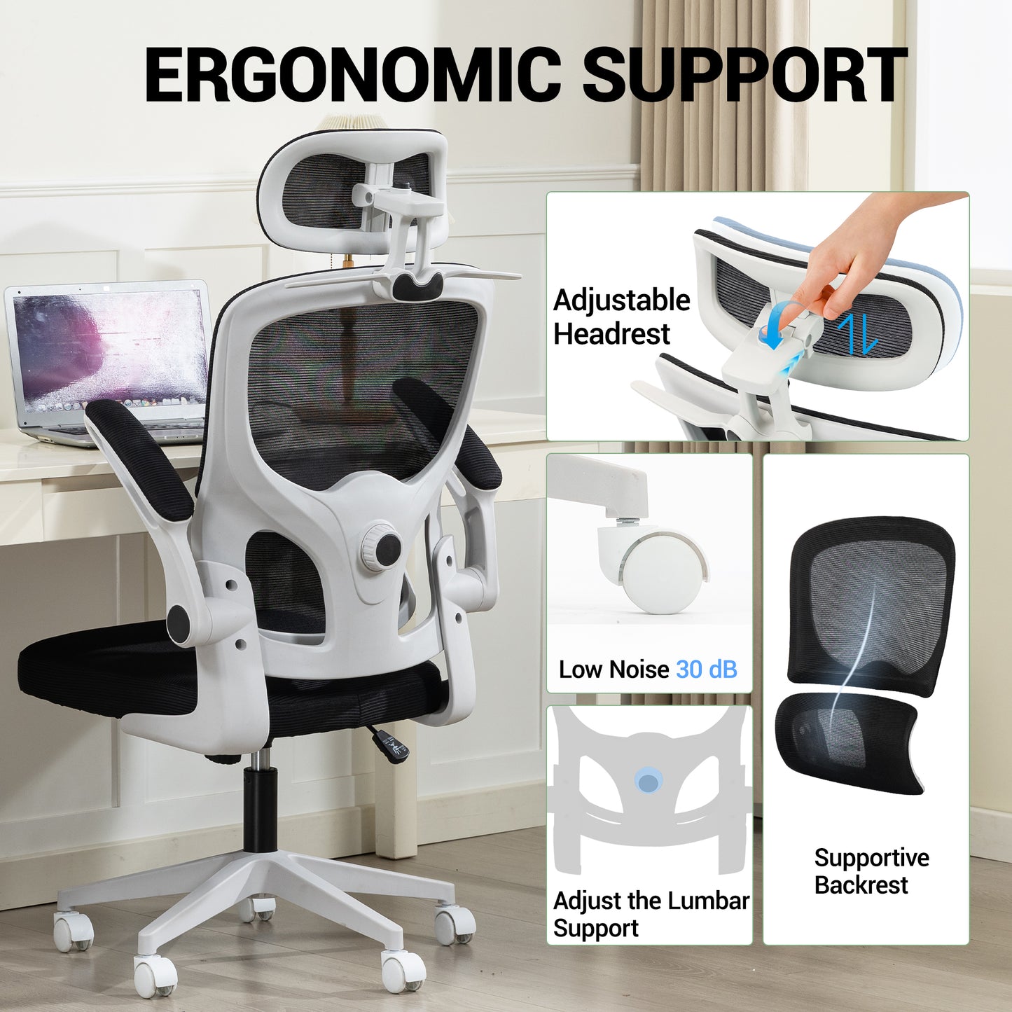 Delmango Office Chair, Ergonomic Desk Chair with Flip-up Arms, Coat Hook, Adjustable Headrest and Lumber Support, Mesh Computer Chair, 330 LBS, Gray