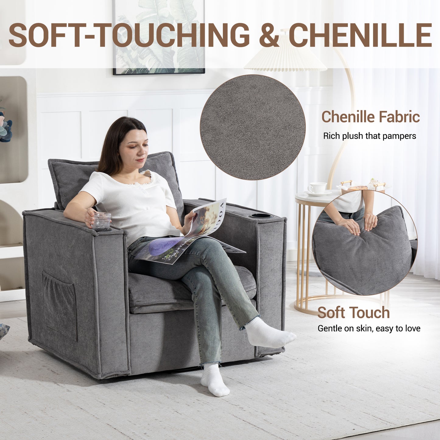 Delmango 32¡° Wide Swivel Accent Chair Set of 2, Comfy Couch with Cup Holders and Side Pockets, Modern Sofa Chair for Living Room, Bedroom, Corner, Gray