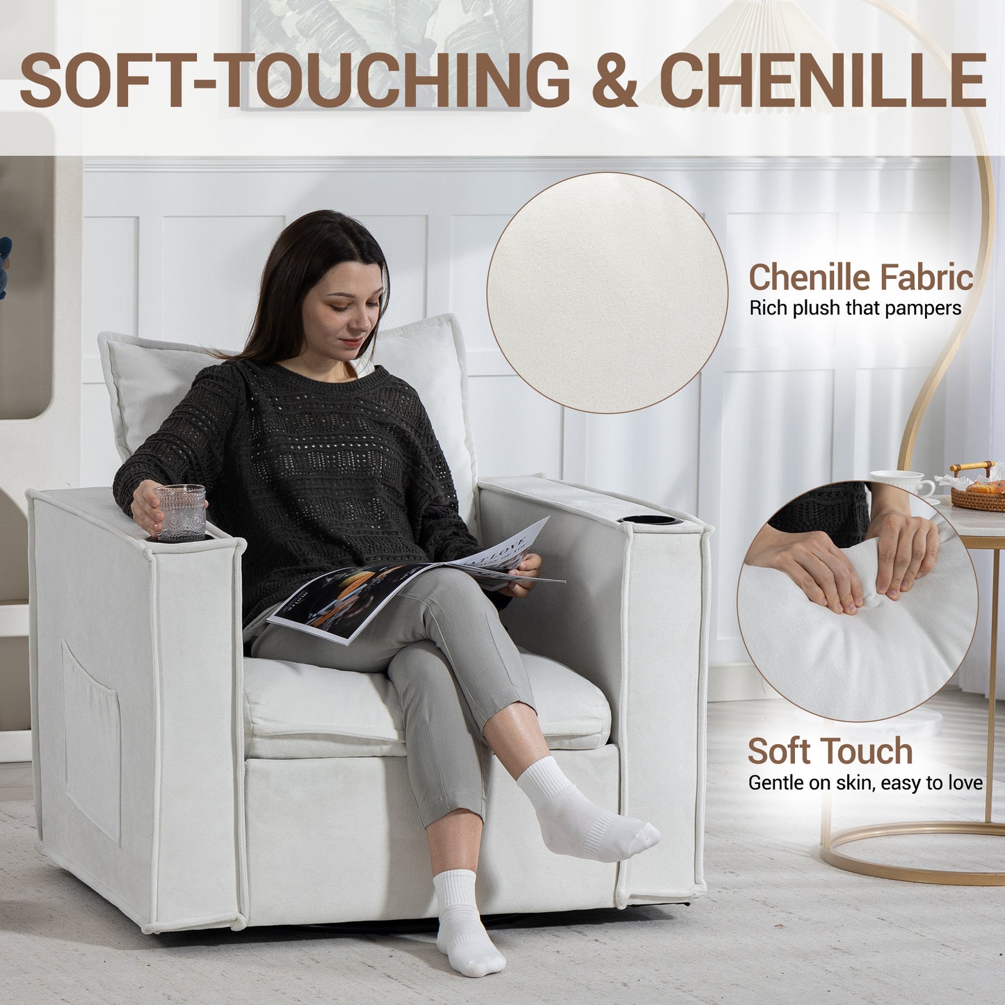 Delmango 32¡° Wide Swivel Accent Chair, Comfy Couch with Cup Holders and Side Pockets, Modern Sofa Chair for Living Room, Bedroom, Corner, Beige