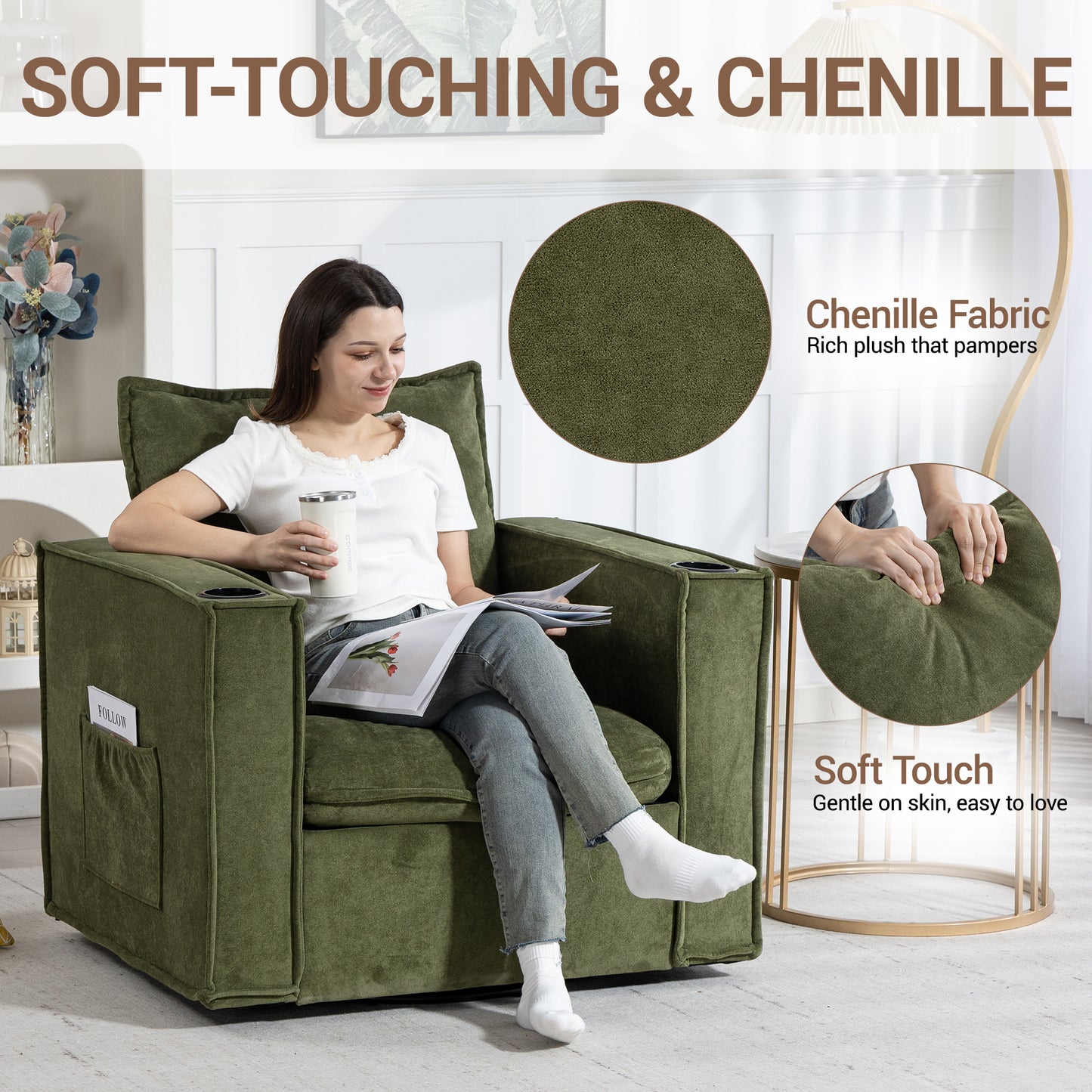 Delmango 32¡° Wide Swivel Accent Chair, Comfy Couch with Cup Holders and Side Pockets, Modern Sofa Chair for Living Room, Bedroom, Corner, Green