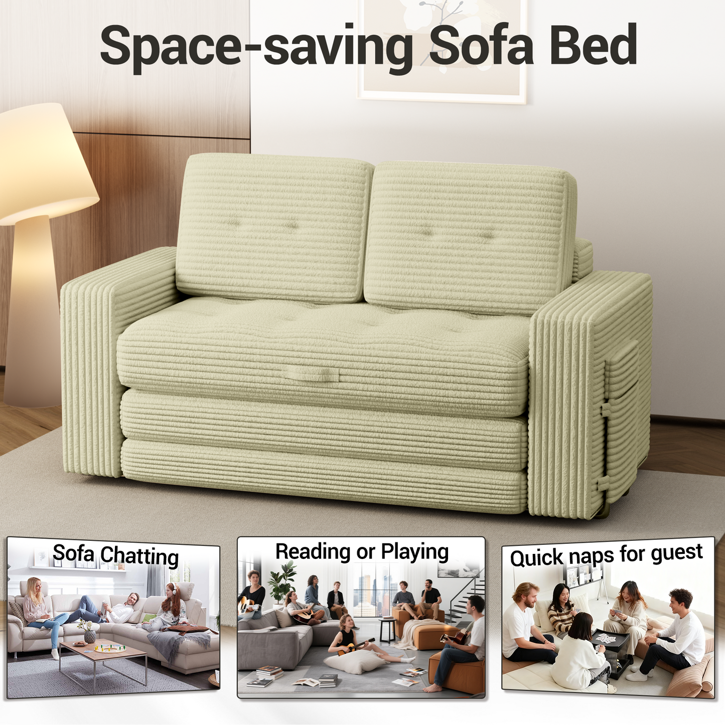 DELMANGO Convertible Loveseat Sleeper Sofa, Boneless Pull-Out Folding Couch Bed with Pillows for Living Room & Bedroom, Beige