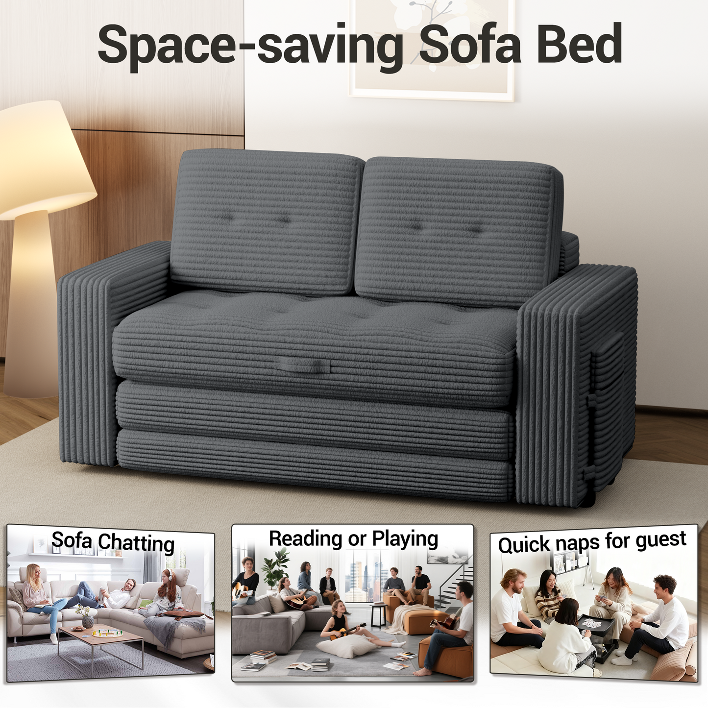 DELMANGO Convertible Loveseat Sleeper Sofa, Boneless Pull-Out Folding Couch Bed with Pillows for Living Room & Bedroom, Grey