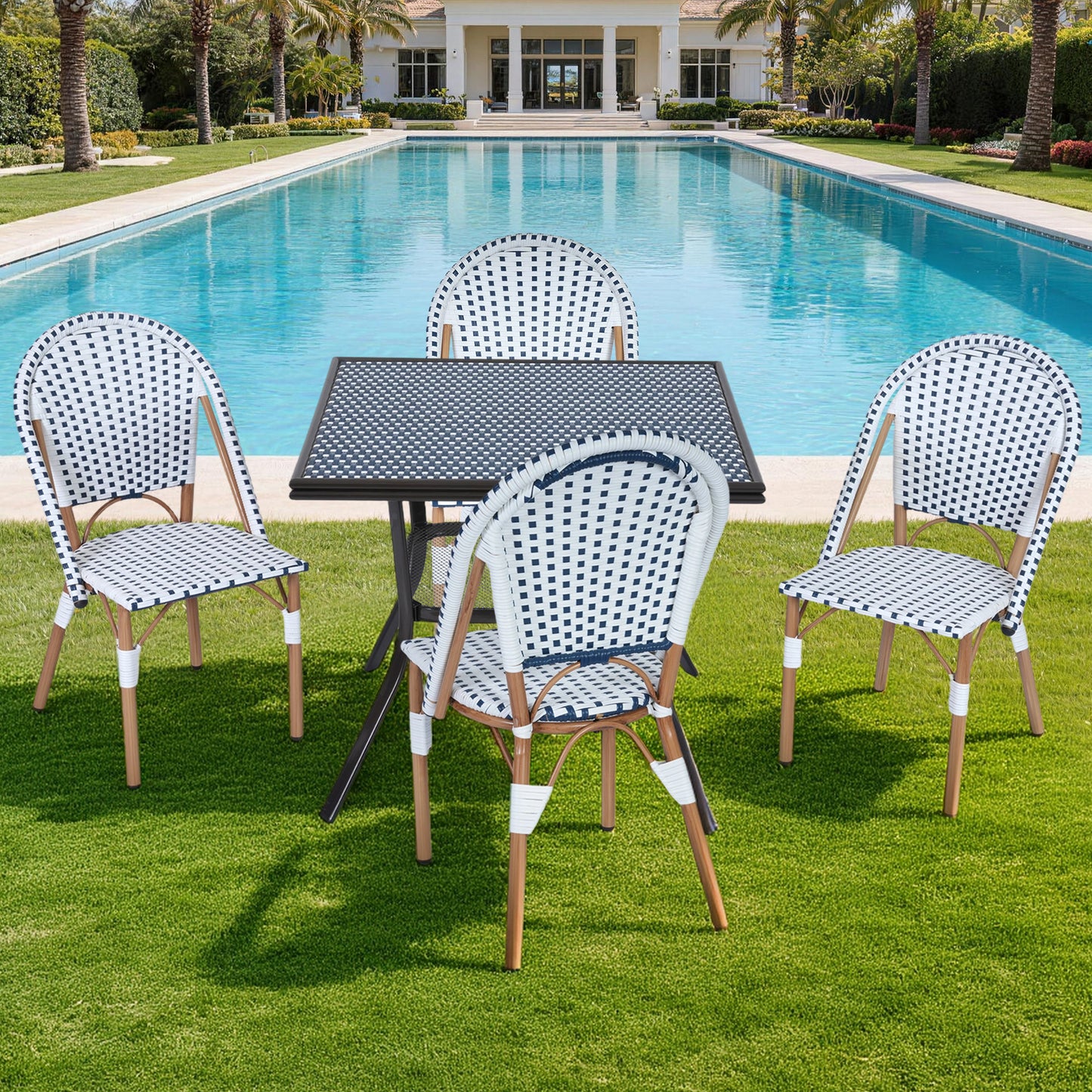 DELMANGO 5 Piece Bistro Table Chair Set, Outdoor Wicker Square Table and 4 Armless Dining Chairs for Garden Balcony Porch, Blue/White