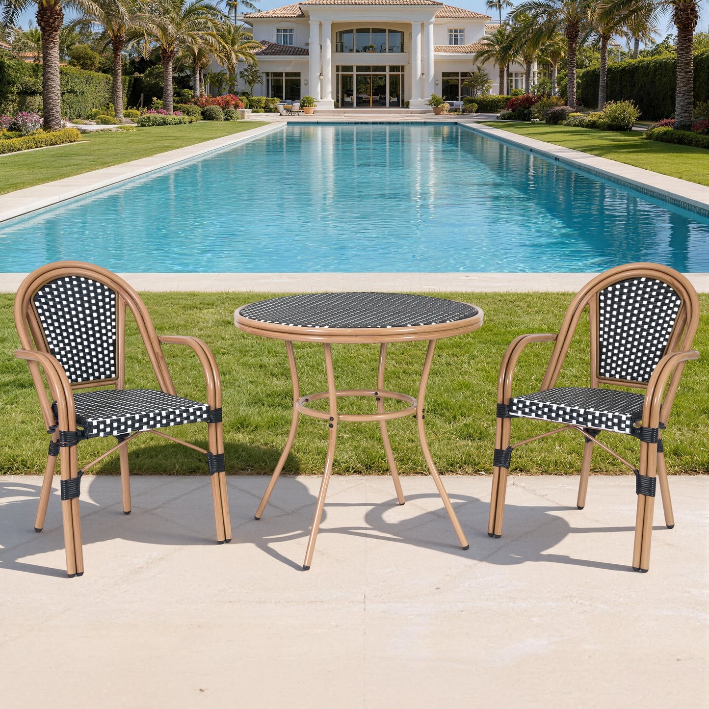 DELMANGO 3 Piece Bistro Table Chair Set, Outdoor Wicker Round Table and 2 Dining Chairs for Garden Balcony Porch, Black/White (Copy)