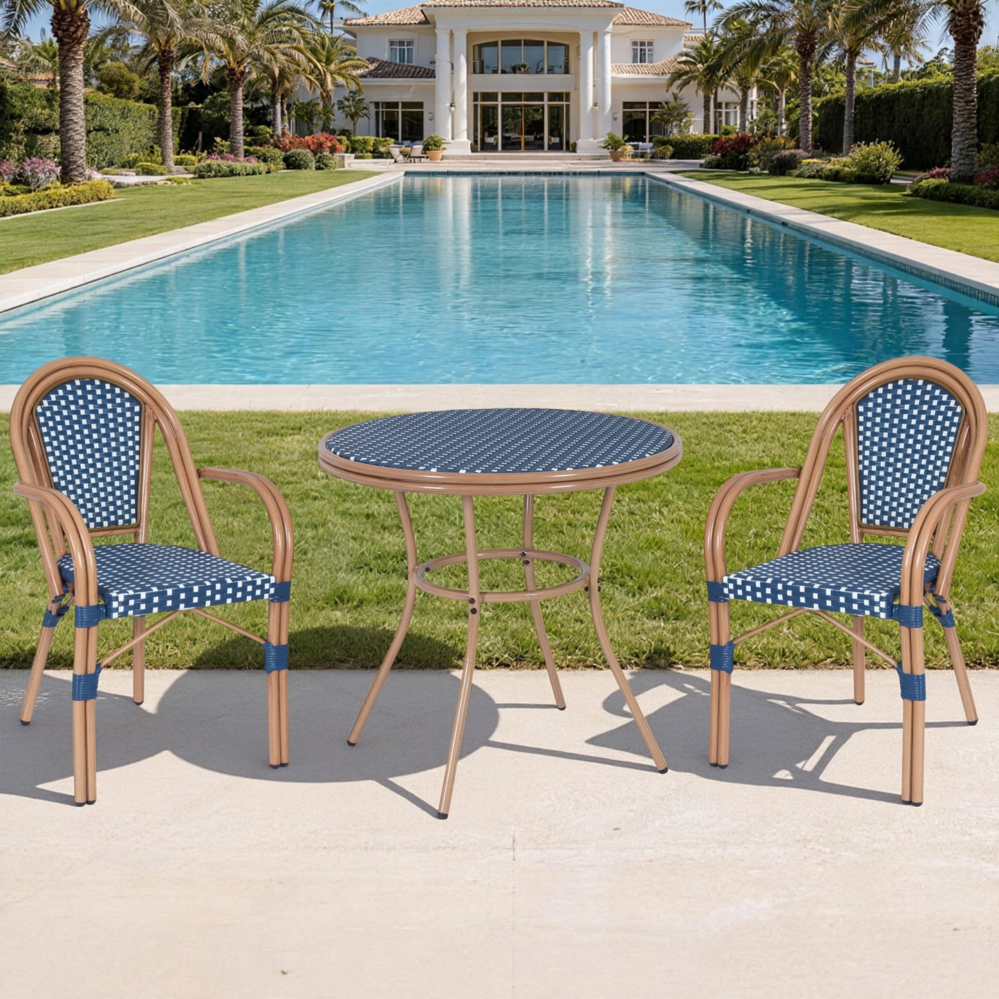 DELMANGO 3 Piece Bistro Table Chair Set, Outdoor Wicker Round Table and 2 Dining Chairs for Garden Balcony Porch, Blue/White