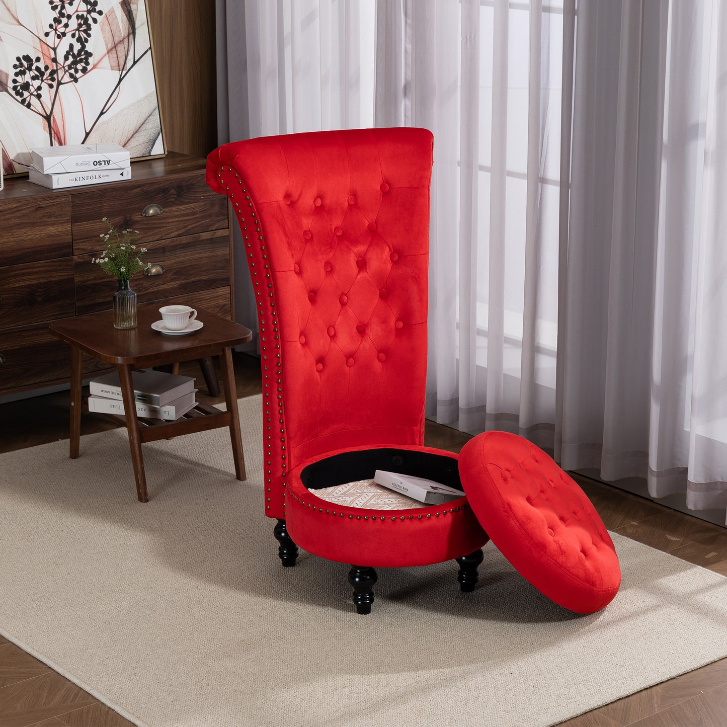 DELMANGO Velvet Throne Chair with Storage, Armless High-Back Accent Chair with Nailhead Trim & Solid Rubberwood Legs, for Living Room and Bedroom, Red