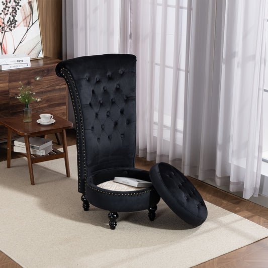 DELMANGO Velvet Throne Chair with Storage, Armless High-Back Accent Chair with Nailhead Trim & Solid Rubberwood Legs, for Living Room and Bedroom, Black