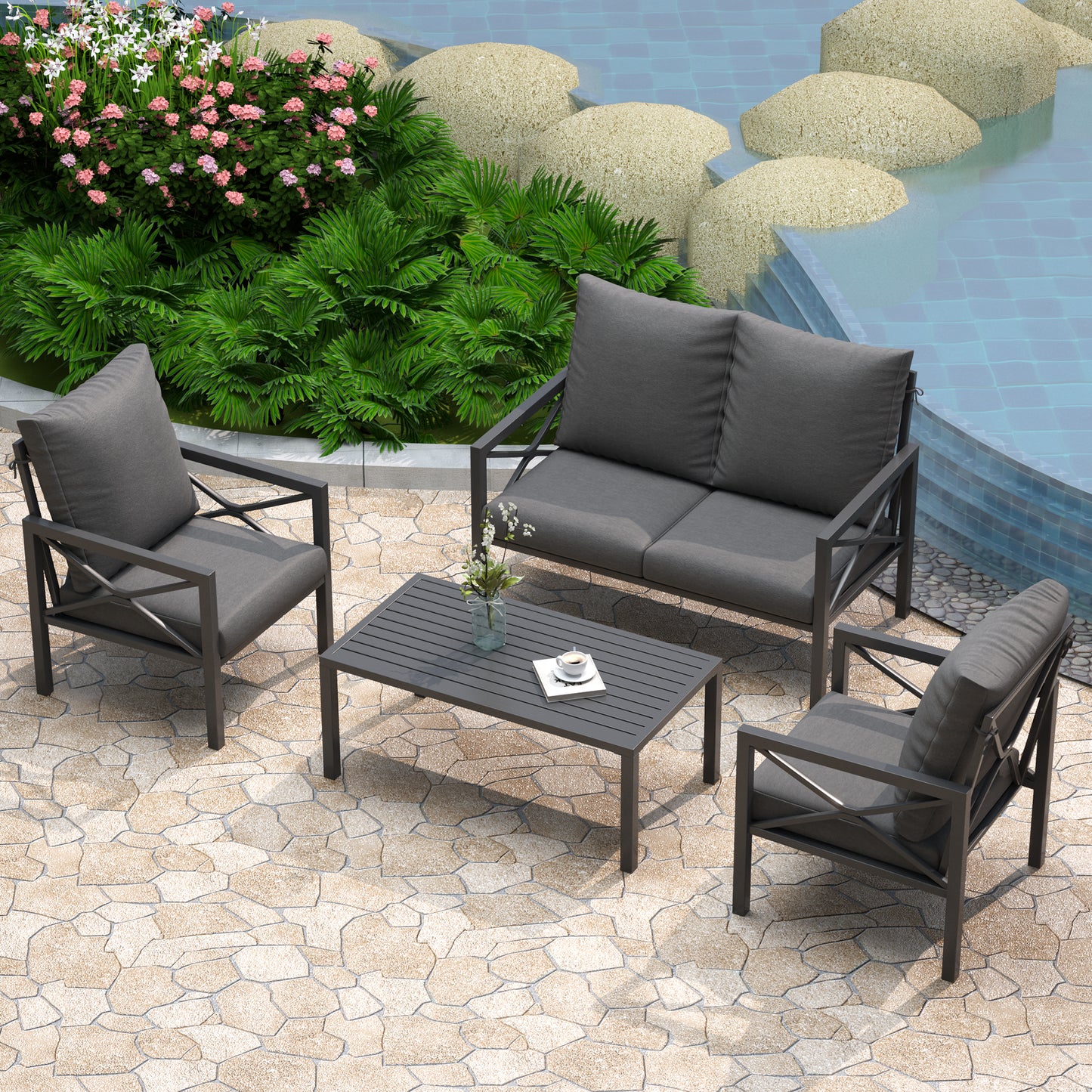 DELMANGO 4 Pieces Patio Furniture Set, Metal Outdoor Patio Furniture Conversation Set with Coffee Table, Outdoor Sofa Sets for Balcony, Porch, Poolside, Grey