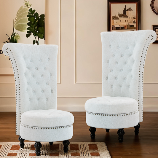 DELMANGO Set of 2 Teddy Throne Chair with Storage, Armless High-Back Accent Chair with Nailhead Trim & Solid Rubberwood Legs, for Living Room and Bedroom, White