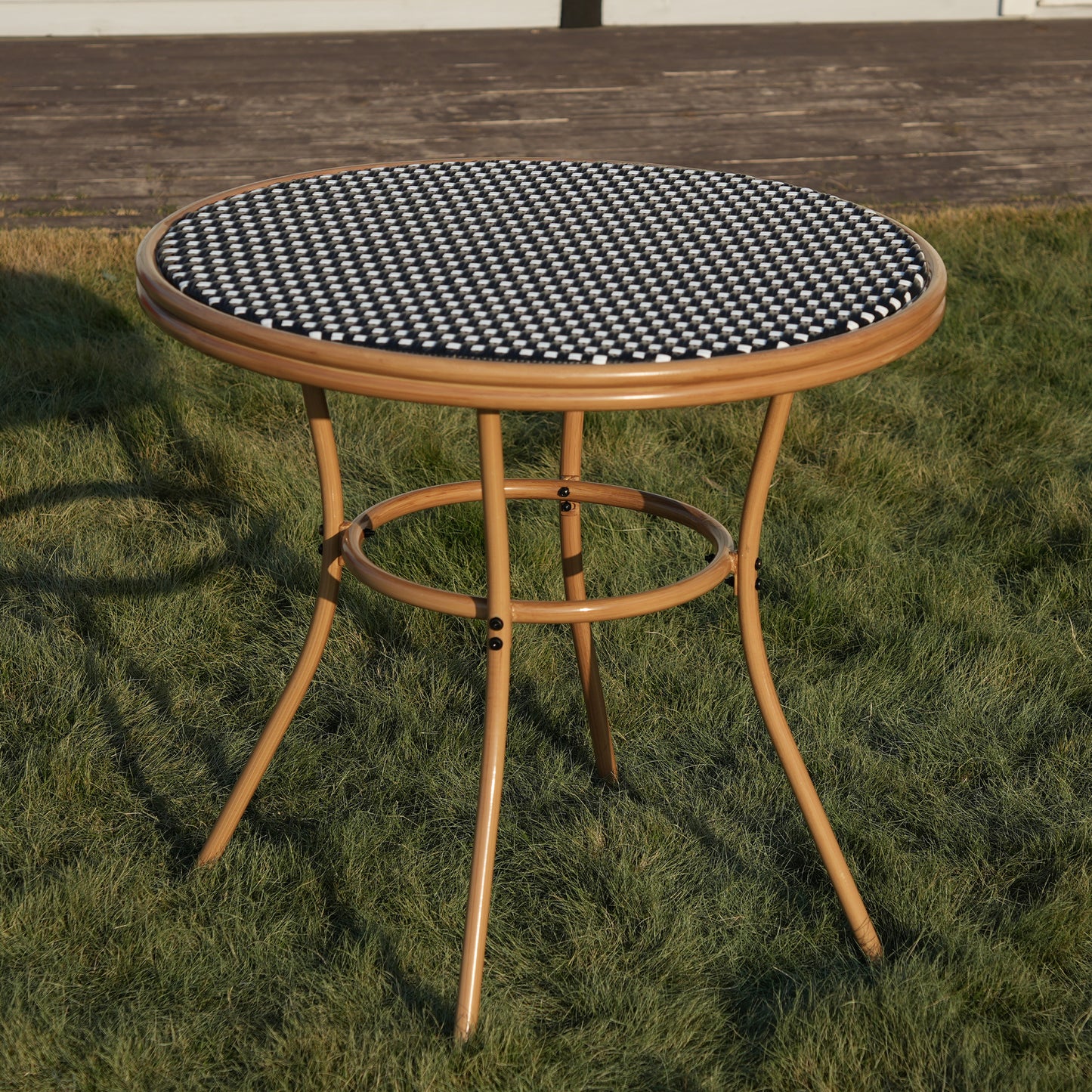DELMANGO Round Outdoor Bistro Table with Matal Frame and Adjustable Foot Pads for Garden Balcony, Blue/White