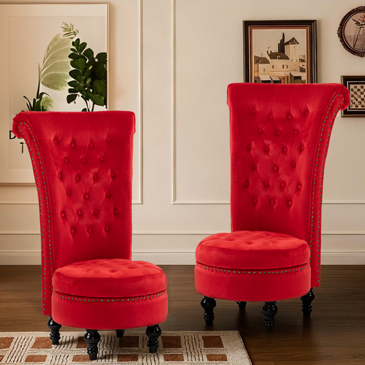 DELMANGO Set of 2 Velvet Throne Chair with Storage, Armless High-Back Accent Chair with Nailhead Trim & Solid Rubberwood Legs, for Living Room and Bedroom, Red