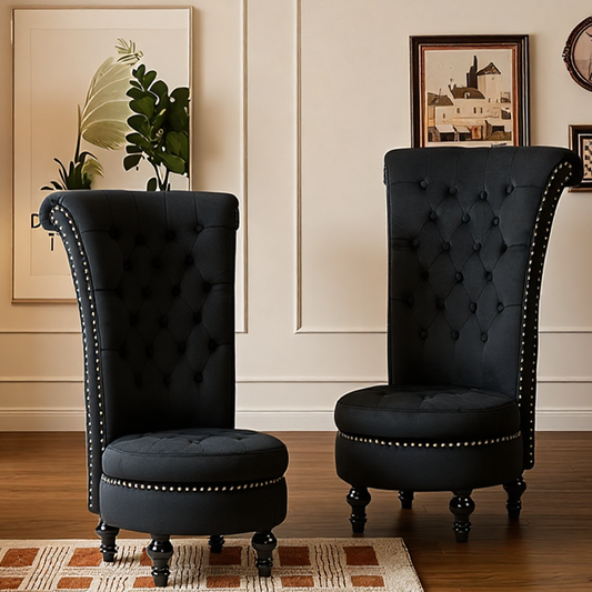 DELMANGO Set of 2 Velvet Throne Chair with Storage, Armless High-Back Accent Chair with Nailhead Trim & Solid Rubberwood Legs, for Living Room and Bedroom, Black