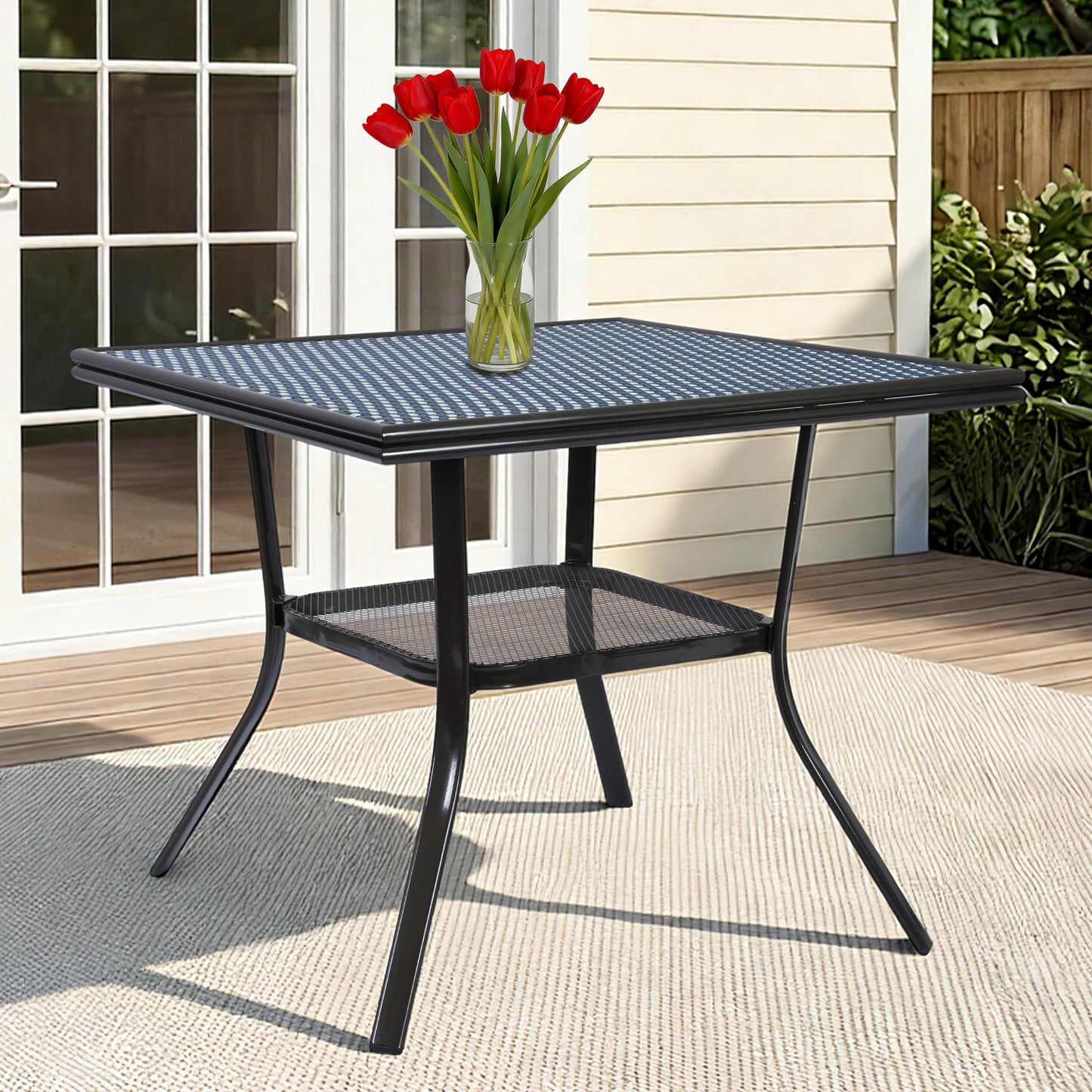 DELMANGO Square Outdoor Bistro Table with Matal Frame and Adjustable Foot Pads for Garden Balcony, Blue/White