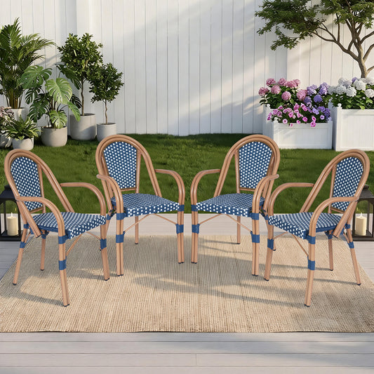 DELMANGO Metal & Faux Rattan Bistro Chair,Outdoor Arm Dining Chairs, Stackable Patio Chairs, Blue/Black (Set of 4)