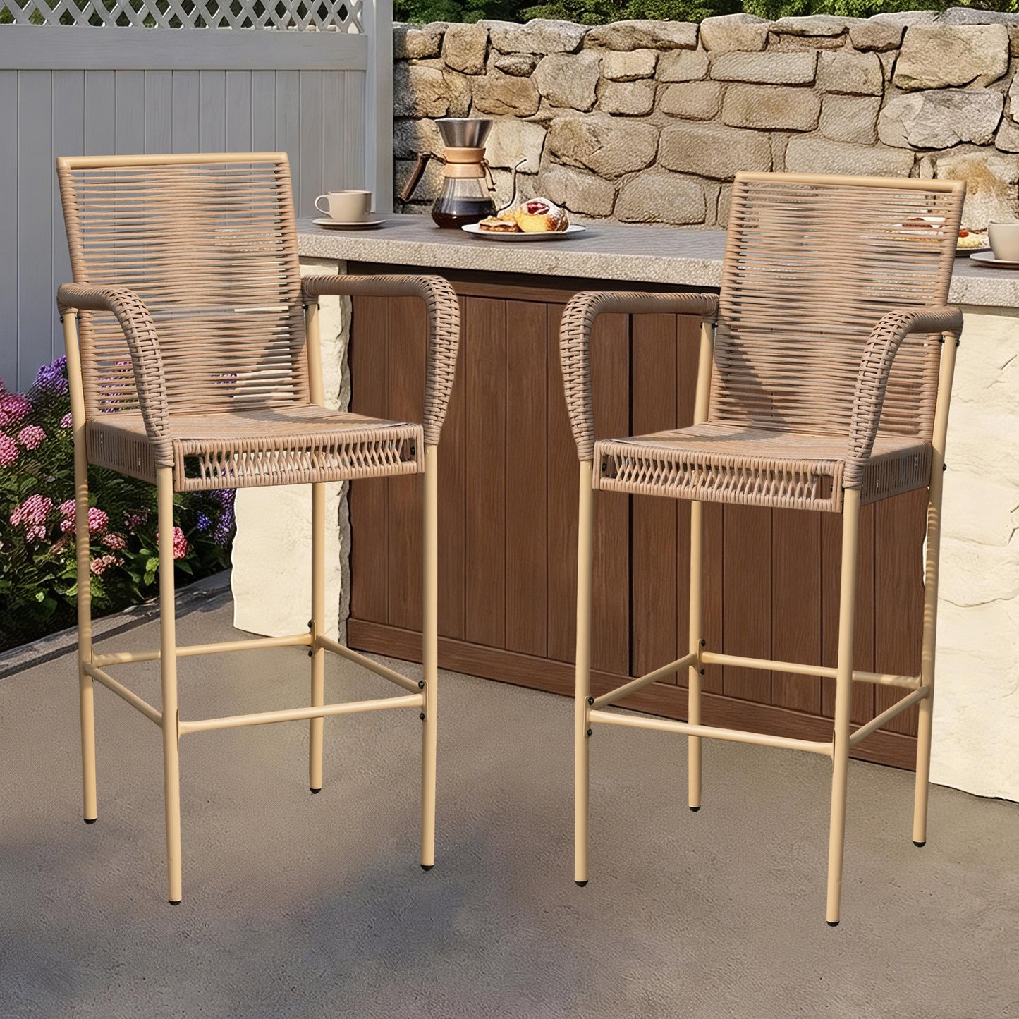 DELMANGO 4Pcs Bar Stool, Counter Height Patio Rattan Bar Stool Chairs with Armrests for Porch Garden Indoor Kitchen, Yellow