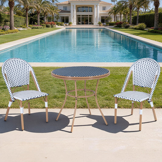 DELMANGO 3 Piece Bistro Table Chair Set, Outdoor Wicker Round Table and 2 Armless Dining Chairs for Garden Balcony Porch, Blue/White