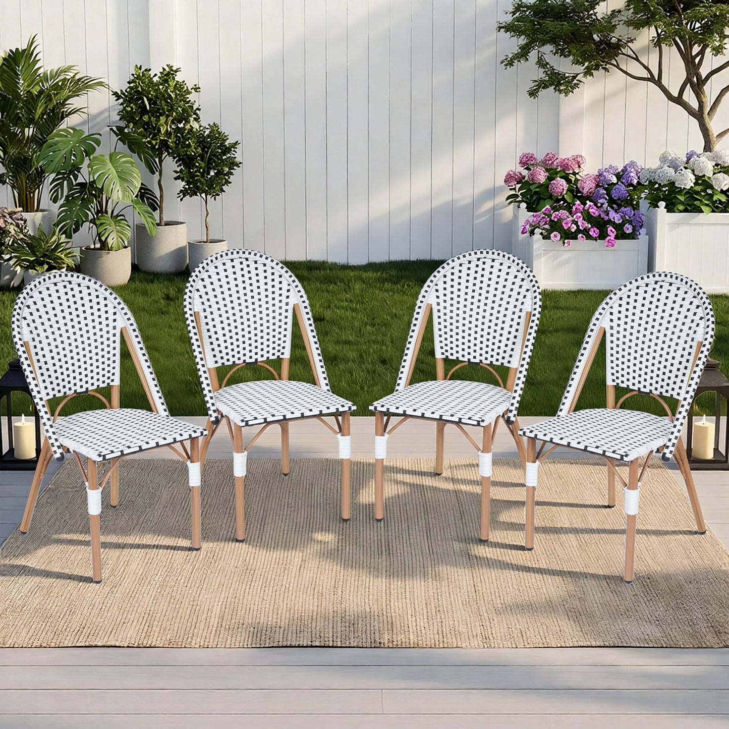 DELMANGO 4-Piece Wicker Outdoor French Bistro Chairs, Armless Dining Chairs with Metal Frame, Stackable Patio Chairs, White/Black