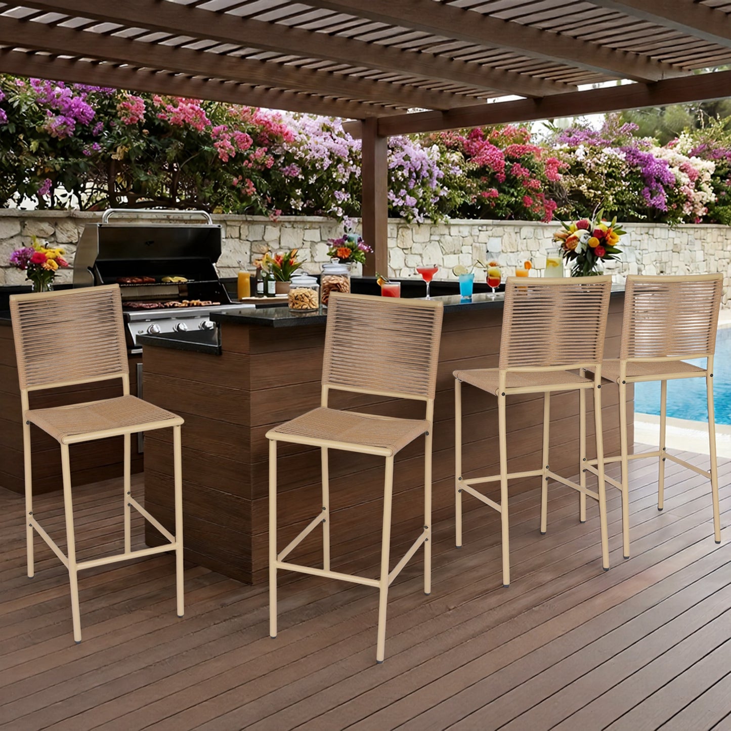 DELMANGO 4Pcs Bar Stool, Counter Height Patio Rattan Armless Chairs for Porch Garden Indoor Kitchen, Yellow