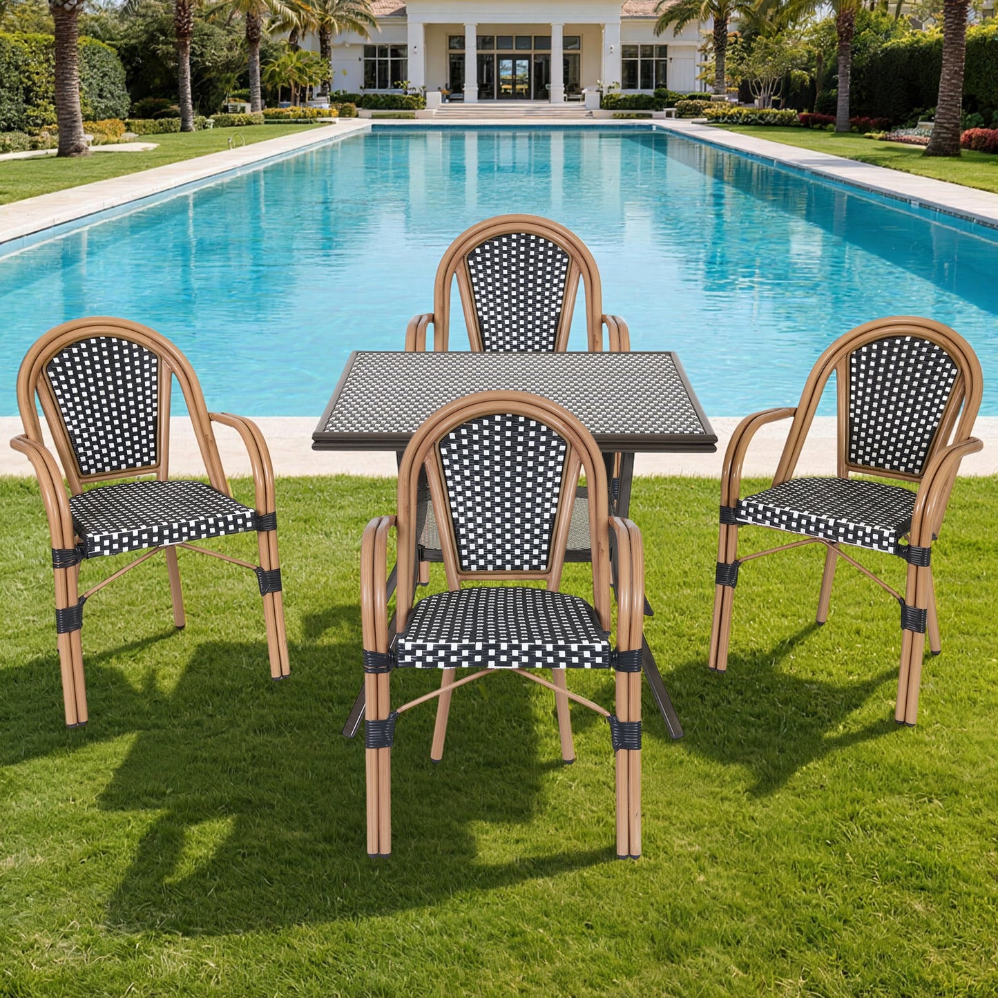 DELMANGO 5 Piece Bistro Table Chair Set, Outdoor Wicker Square Table and 4 Dining Chairs for Garden Balcony Porch, Black/White (Copy)