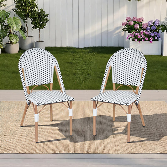 DELMANGO 2-Piece Wicker Outdoor French Bistro Chairs, Armless Dining Chairs with Metal Frame, Stackable Patio Chairs, White/Black