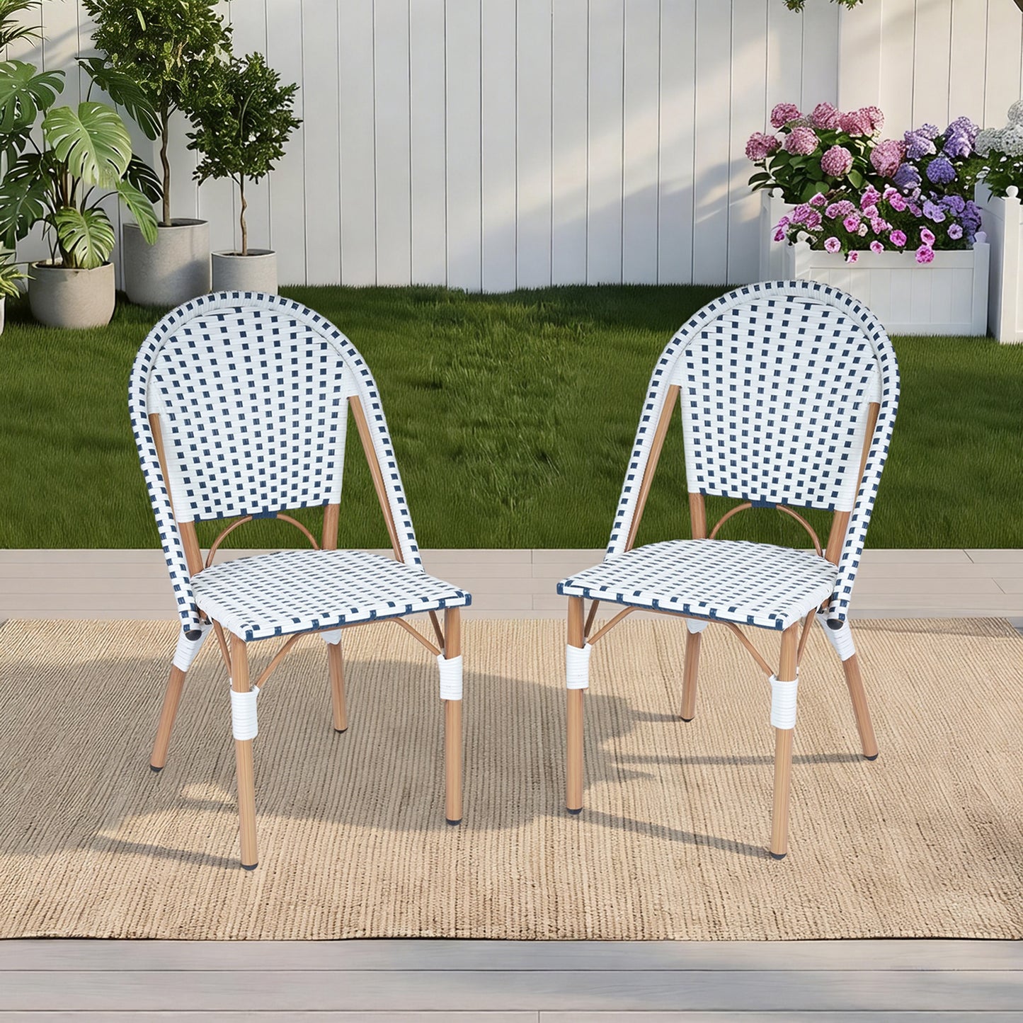 DELMANGO 2-Piece Wicker Outdoor French Bistro Chairs, Armless Dining Chairs with Metal Frame, Stackable Patio Chairs, White/Blue