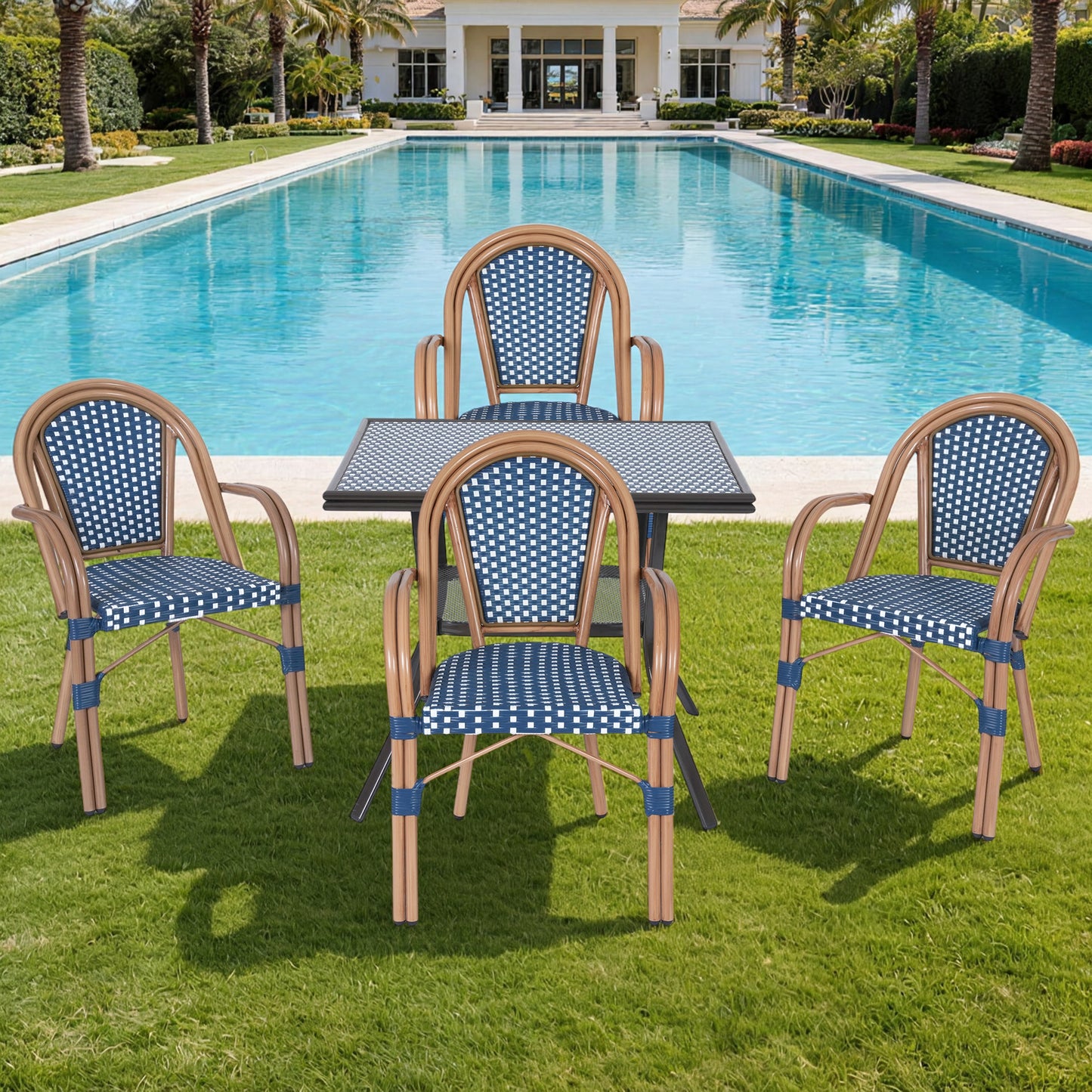 DELMANGO 5 Piece Bistro Table Chair Set, Outdoor Wicker Square Table and 4 Dining Chairs for Garden Balcony Porch, Blue/White