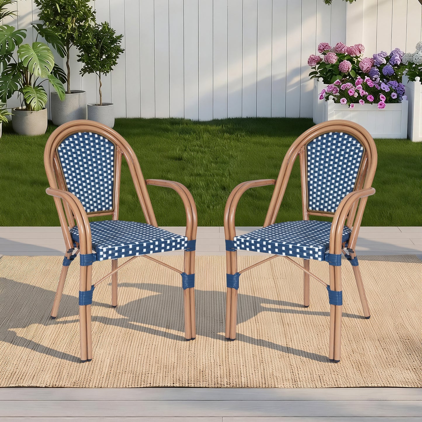DELMANGO Metal & Faux Rattan Bistro Chair,Outdoor Arm Dining Chairs, Stackable Patio Chairs, Blue/Black (Set of 2)