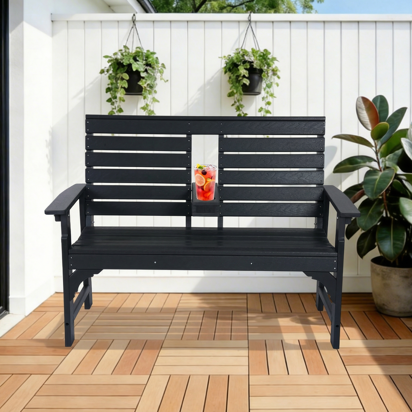 DELMANGO Outdoor Bench with Cup Holders, HDPE 2-Person Weatherproof Patio Benches, Fade/Rot Resistance, Garden Bench for Front Porch Backyard, Black