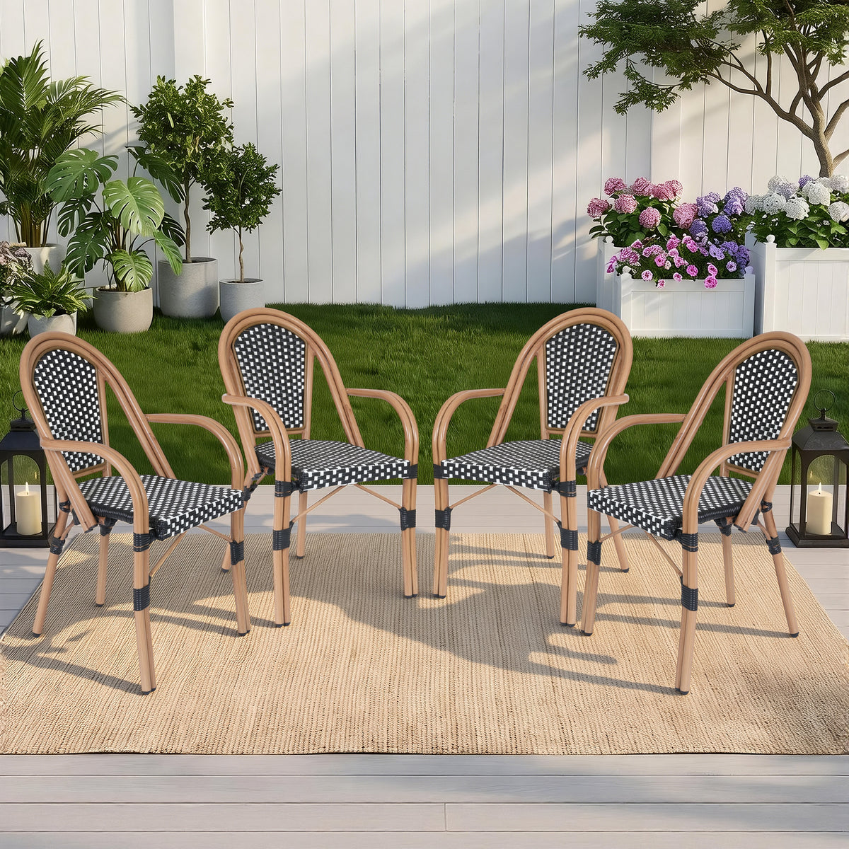 DELMANGO Metal & Faux Rattan Bistro Chair,Outdoor Arm Dining Chairs, Stackable Patio Chairs, White/Black (Set of 4)