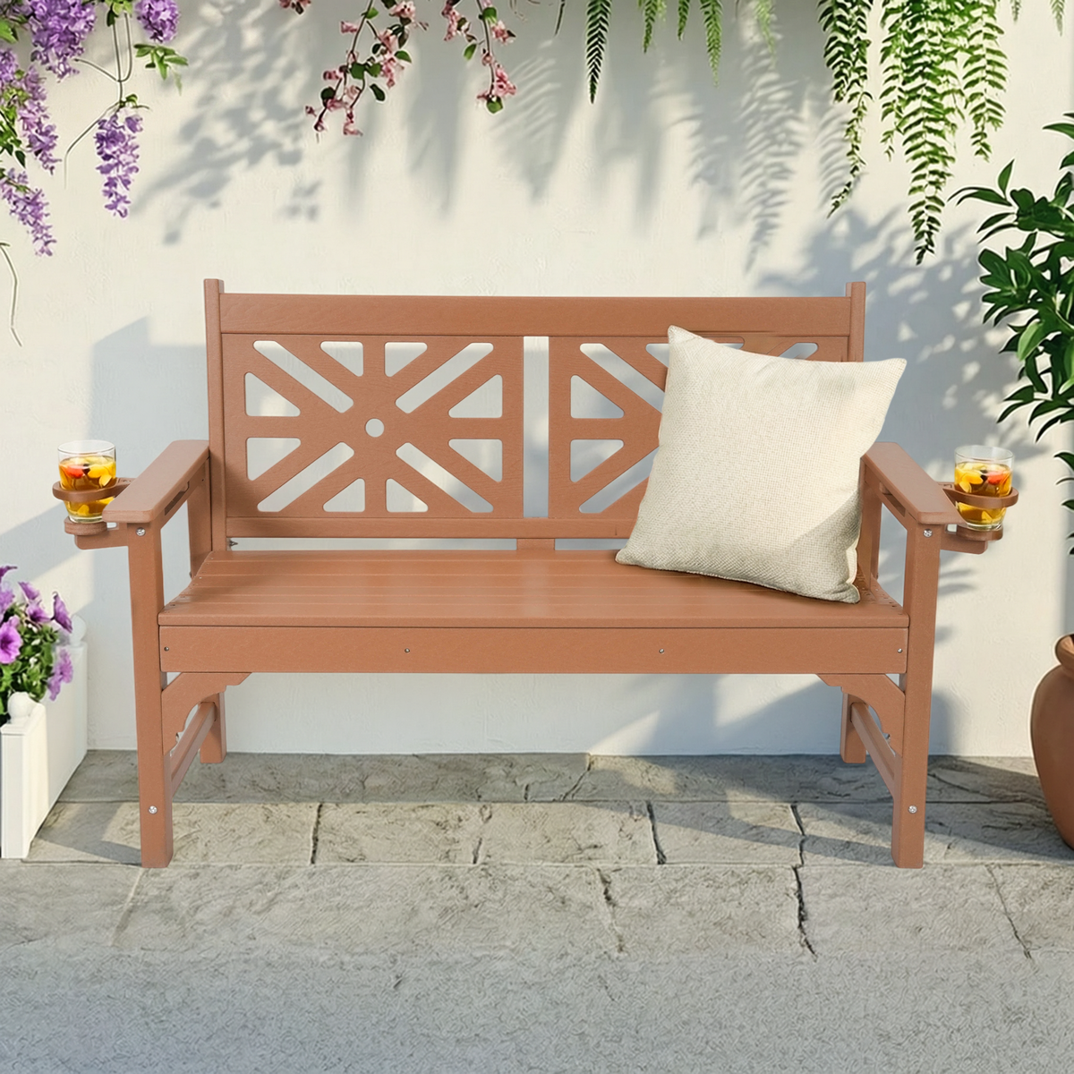 DELMANGO Outdoor Bench with Cup Holders, HDPE Weatherproof Garden Bench 2-Person, Fade/Rot Resistance Patio Benches for Porch and Park, Brown
