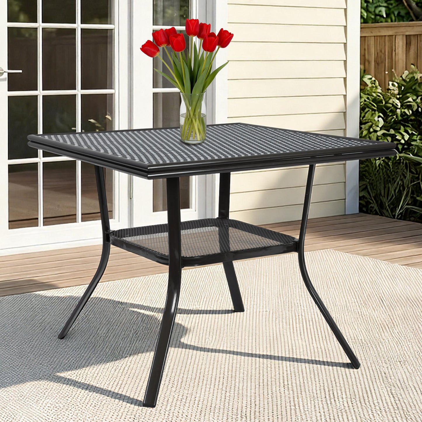 DELMANGO Square Outdoor Bistro Table with Matal Frame and Adjustable Foot Pads for Garden Balcony, Black/White