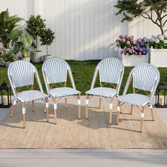 DELMANGO 4-Piece Wicker Outdoor French Bistro Chairs, Armless Dining Chairs with Metal Frame, Stackable Patio Chairs, White/Blue
