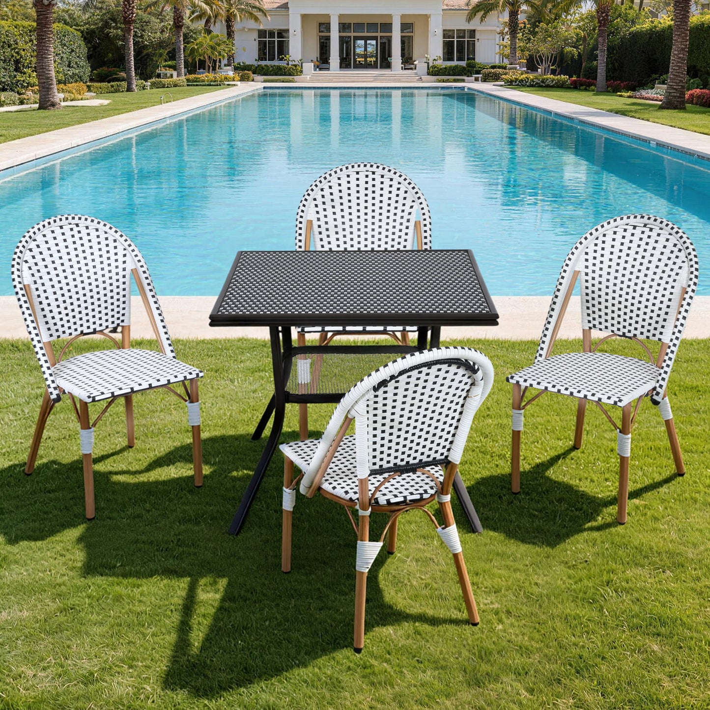 DELMANGO 5 Piece Bistro Table Chair Set, Outdoor Wicker Square Table and 4 Armless Dining Chairs for Garden Balcony Porch, Black/White (Copy)