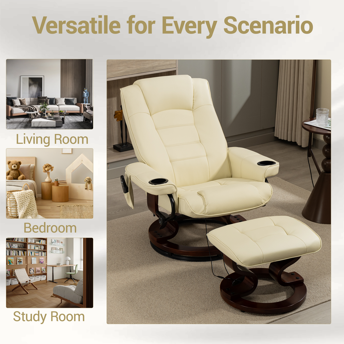 DELMANGO Swivel Massage Recliner with Ottoman, Adjustable Recline Wood Base Faux Leather Lounge Chair, Footrest Accent Chair for Living Room & Bedroom, Beige