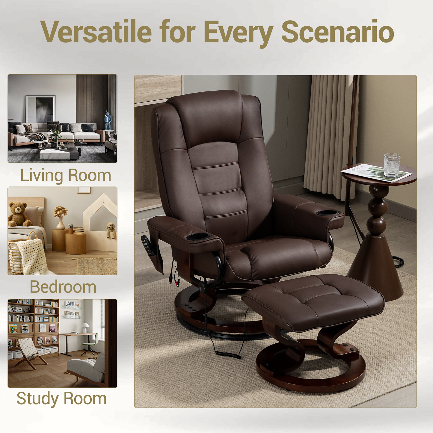 DELMANGO Swivel Massage Recliner with Ottoman, Adjustable Recline Wood Base Faux Leather Lounge Chair, Footrest Accent Chair for Living Room & Bedroom, Brown
